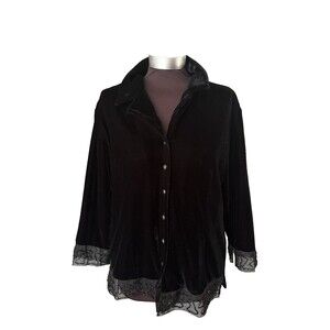 Silkland Velvet Jacket Top Womens 12 Black Lace Beads Party Whimsigoth Vtg